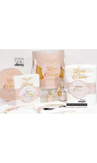 Trusou de botez gold cu ingeras pentru fetite cu broderie personalizata, Gold Wings 30